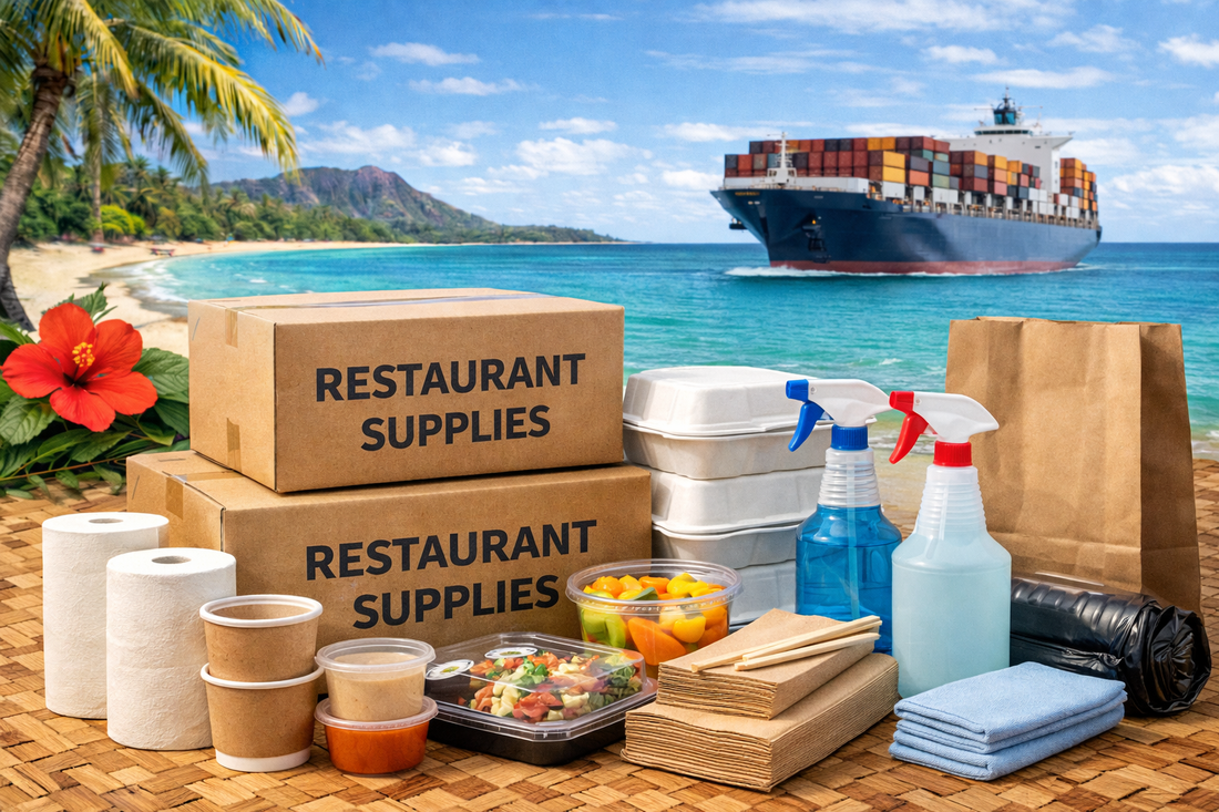 Restaurant supplies including cups, containers, and food packaging shipped from Honolulu to restaurants across Hawaii