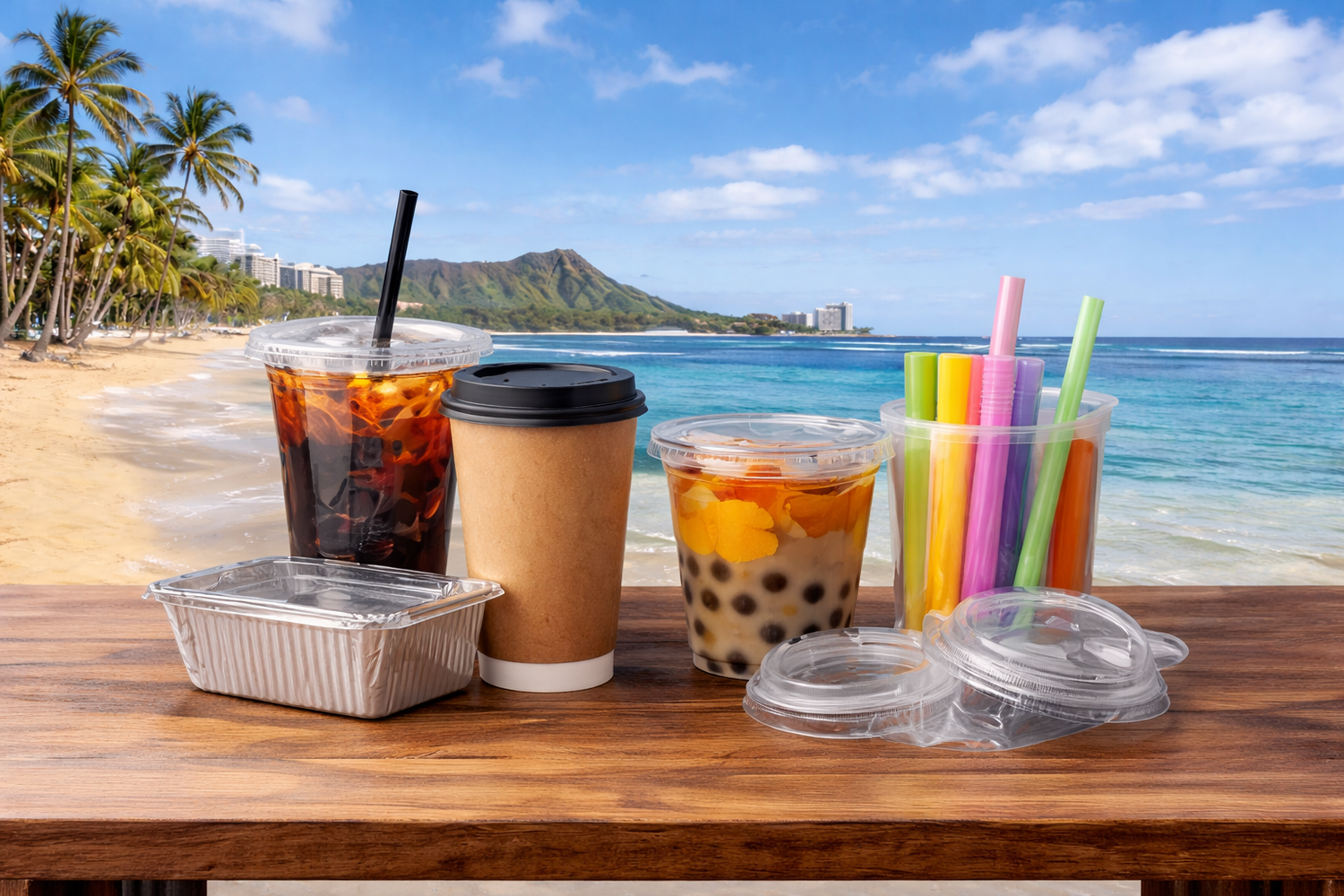 Restaurant cups and drinkware including plastic cups, coffee cups, boba cups, lids and straws for cafes and restaurants in Hawaii