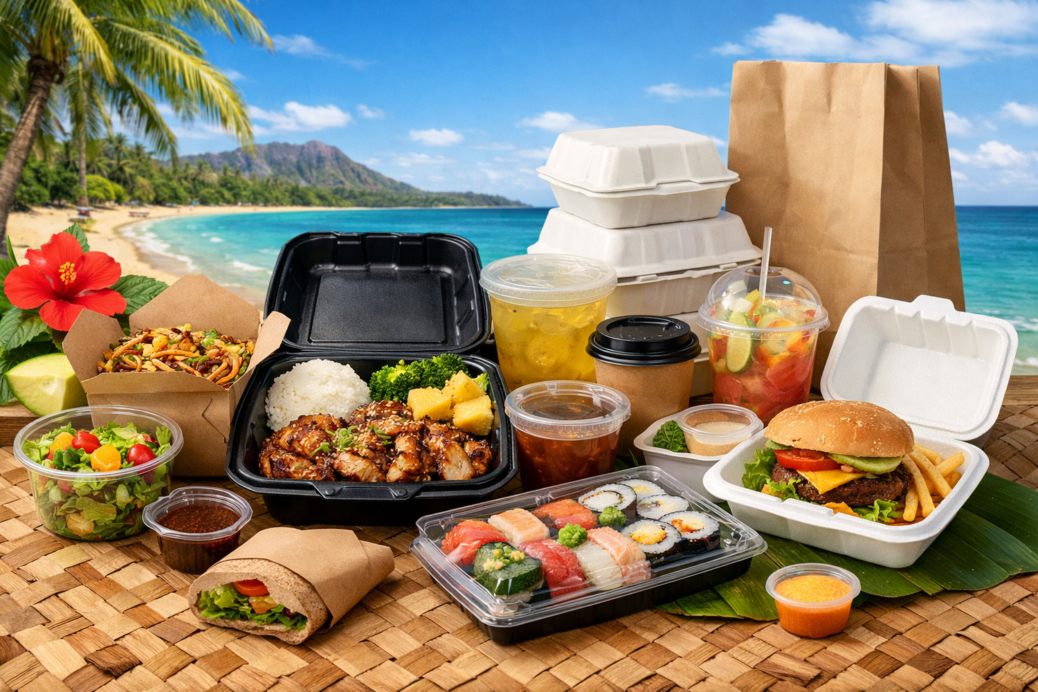 Takeout containers and food packaging including clamshell containers, deli containers, soup containers and disposable meal packaging for restaurants in Hawaii