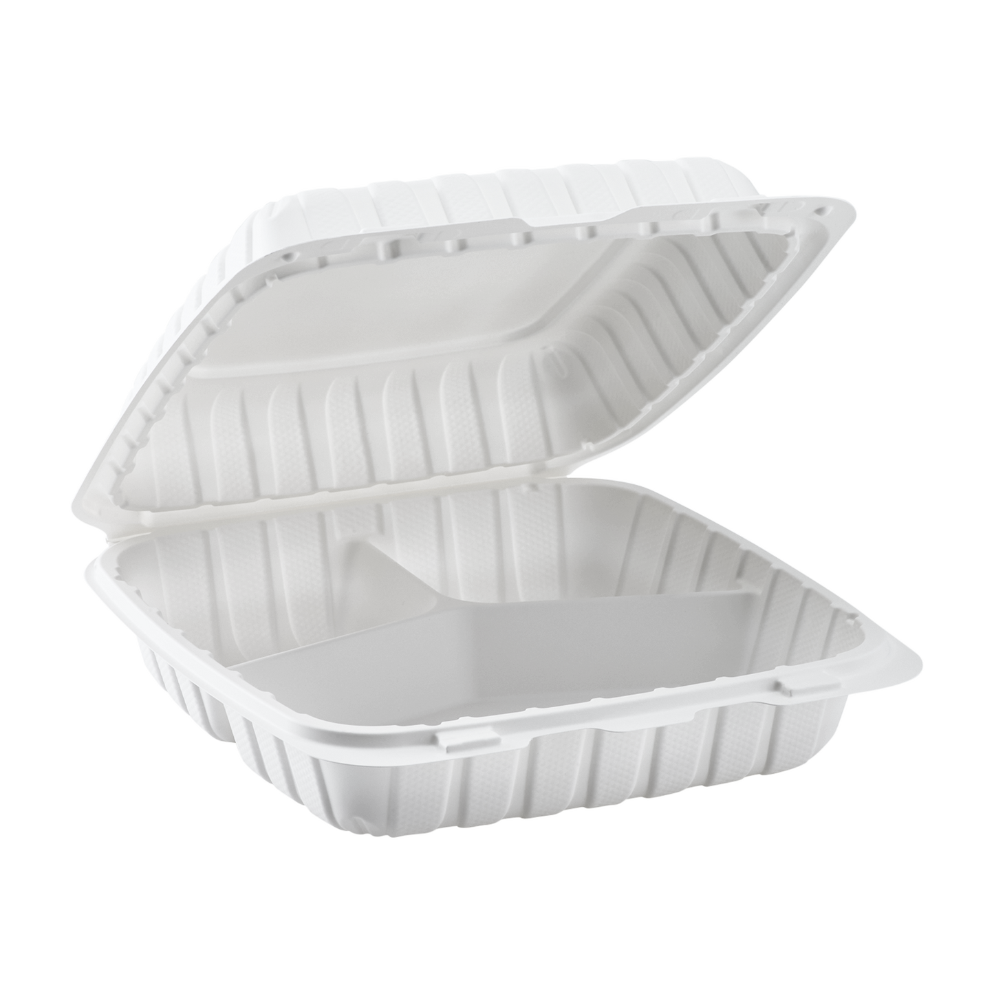 Jumbo White 3 Compartment Carry Out Boxes - 9"x9" Mineral Filled Hinged Food Containers - Karat Earth 120 ct-Karat