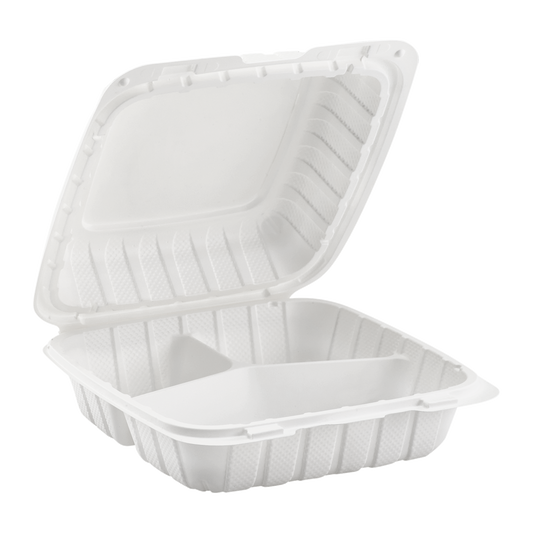 Large White 3 Compartment Food Containers - 8"x8" Mineral Filled Hinged Takeout Boxes - Karat Earth 200 ct-Karat