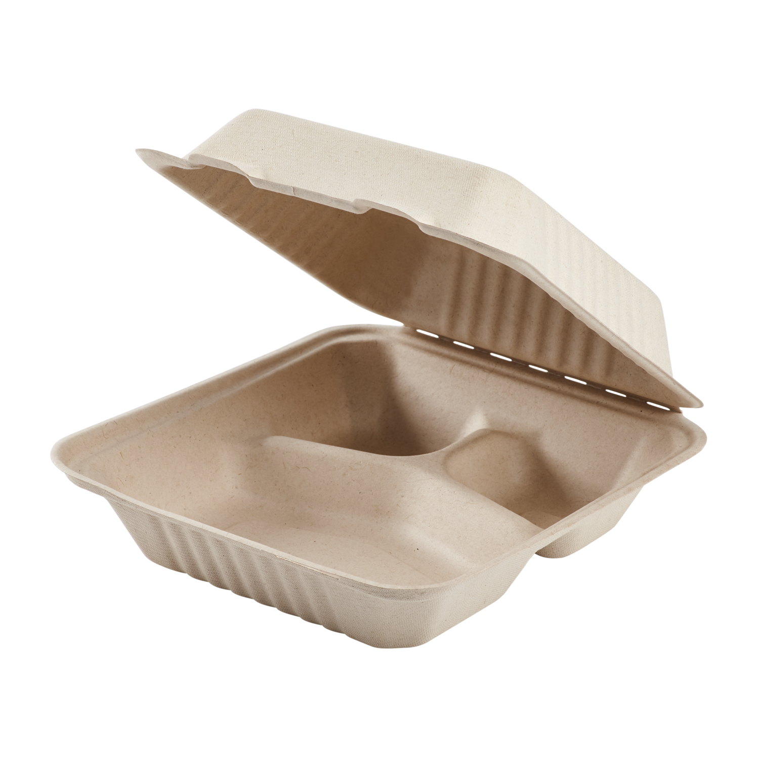 Eco friendly 8x8 bagasse takeout containers by Karat Earth 3 compartment PFAS free hinged clamshell food packaging for restaurants