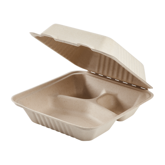Eco friendly 8x8 bagasse takeout containers by Karat Earth 3 compartment PFAS free hinged clamshell food packaging for restaurants