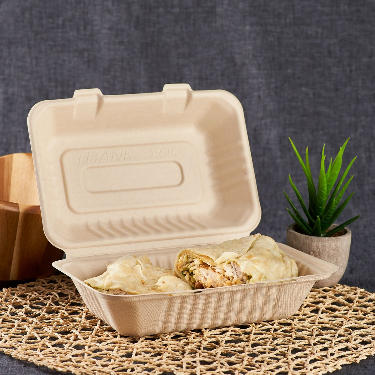 Medium Biodegradable Takeout Boxes - Karat Earth 9''x6'' Bagasse Hinged Containers - 200 ct-Karat
