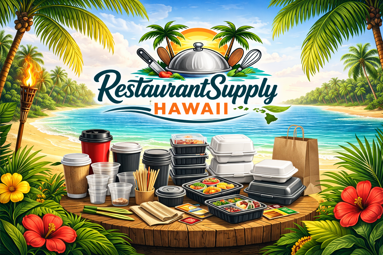 Restaurant supply distributor in Hawaii offering cups, takeout containers, boba supplies, and food packaging for restaurants and cafes