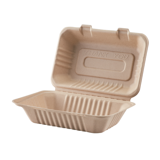 Medium Biodegradable Takeout Boxes - Karat Earth 9''x6'' Bagasse Hinged Containers - 200 ct-Karat