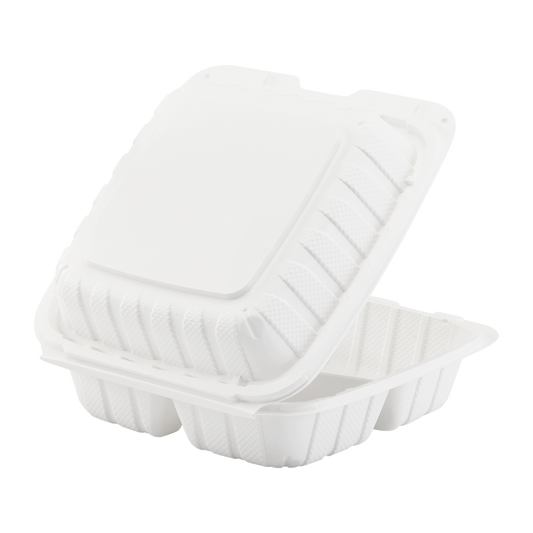 Large White 3 Compartment Food Containers - 8"x8" Mineral Filled Hinged Takeout Boxes - Karat Earth 200 ct-Karat