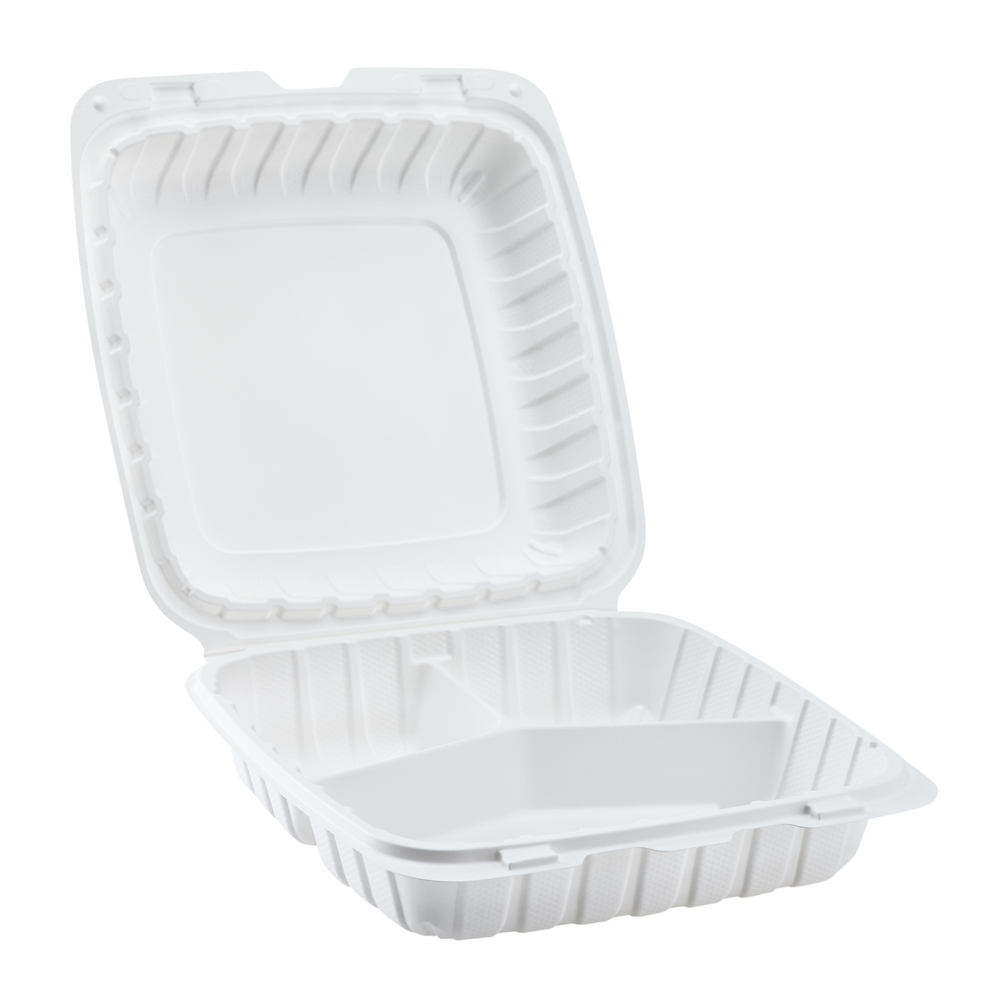 Jumbo White 3 Compartment Carry Out Boxes - 9"x9" Mineral Filled Hinged Food Containers - Karat Earth 120 ct-Karat