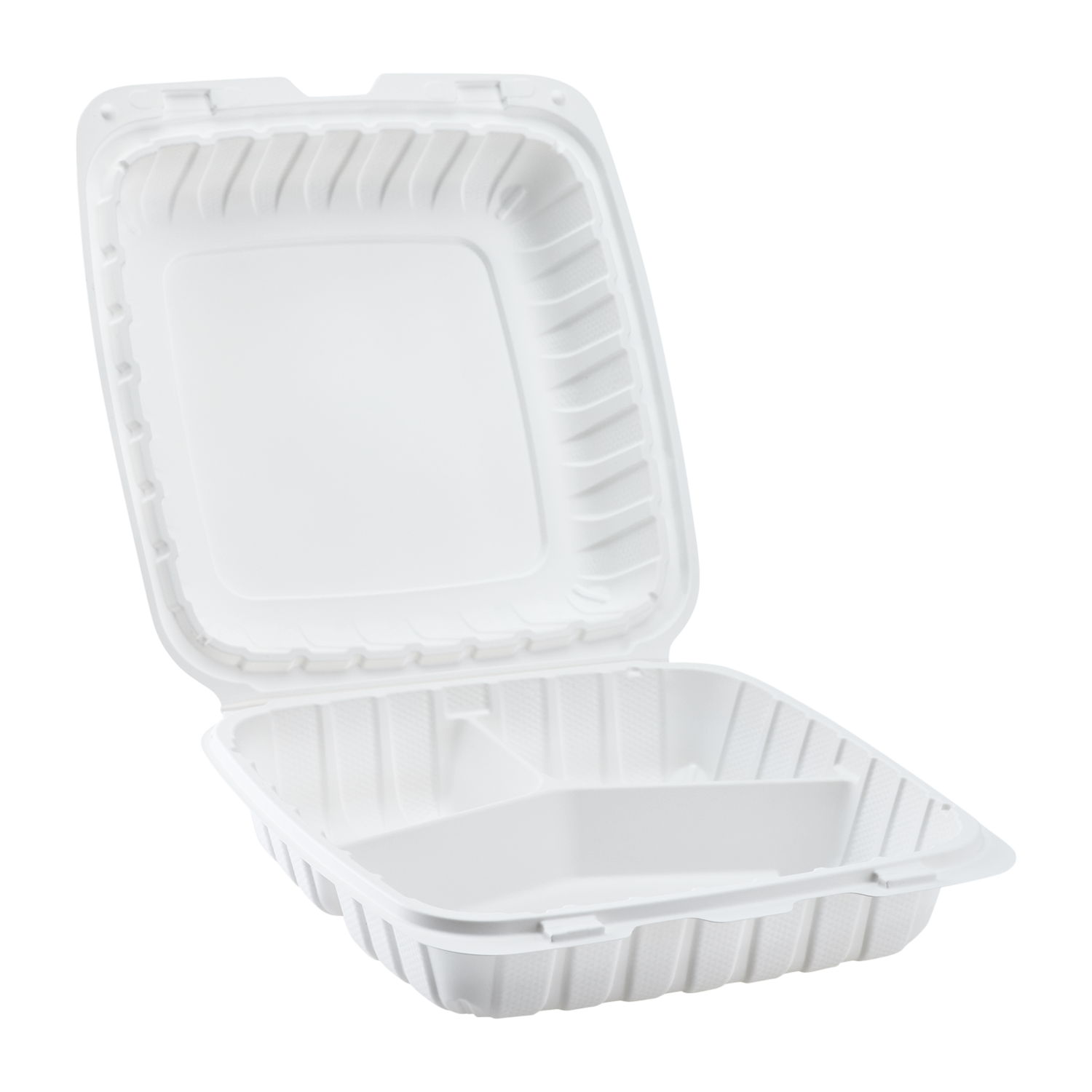 Jumbo White 3 Compartment Carry Out Boxes - 9"x9" Mineral Filled Hinged Food Containers - Karat Earth 120 ct-Karat
