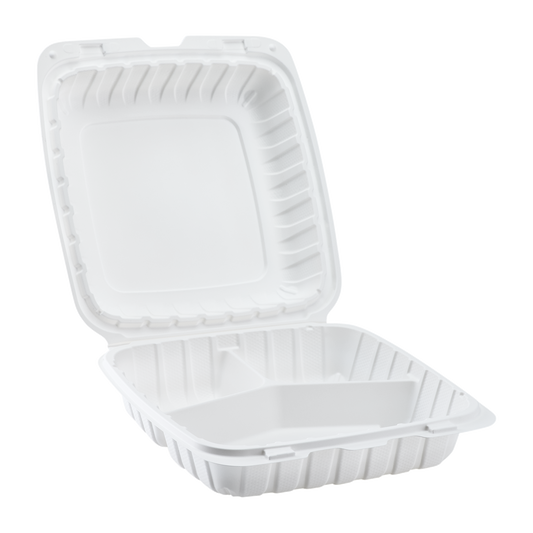 Jumbo White 3 Compartment Carry Out Boxes - 9"x9" Mineral Filled Hinged Food Containers - Karat Earth 120 ct-Karat