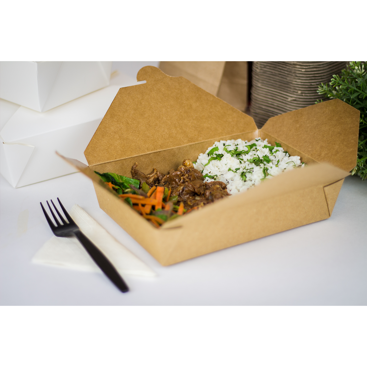 Kraft paper fold to go takeout boxes by Karat 54oz microwavable leak resistant containers for restaurant takeout and food packaging