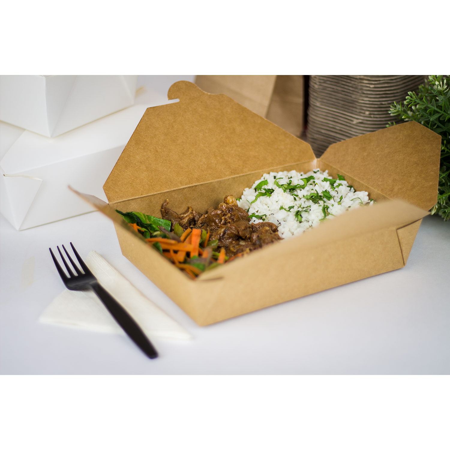 Kraft paper fold to go takeout boxes by Karat 54oz microwavable leak resistant containers for restaurant takeout and food packaging