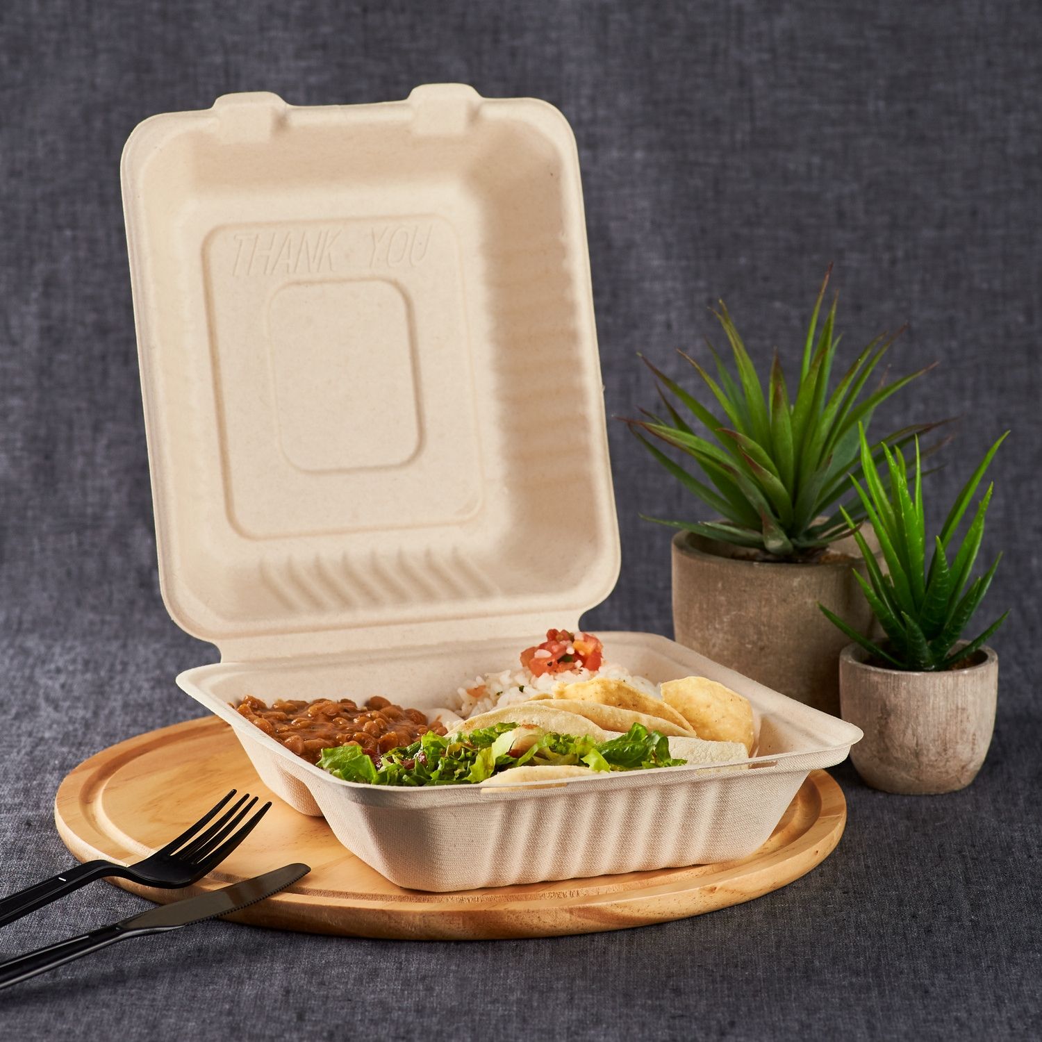 Large Biodegradable 3 Compartment Takeout Boxes - Karat Earth 8''x8'' Bagasse Hinged Containers - 200 ct-Karat