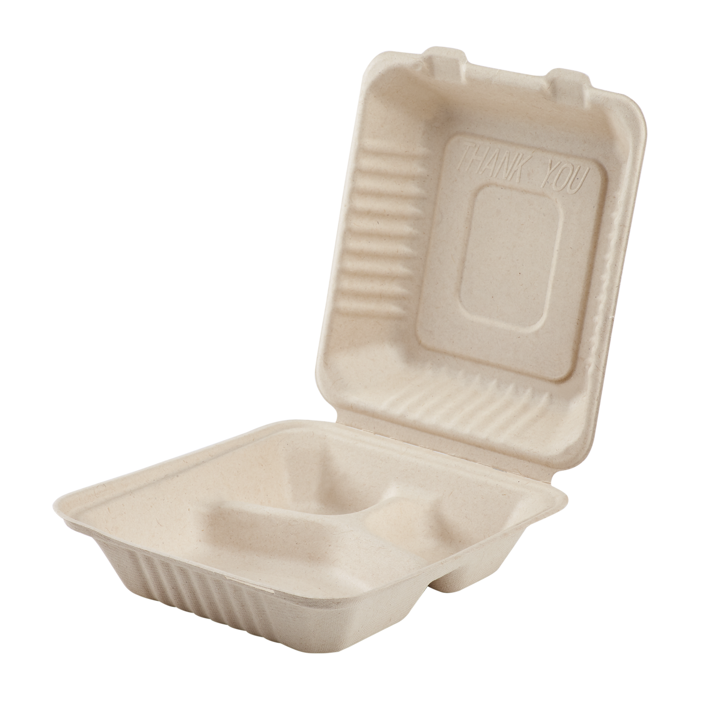 Eco friendly 8x8 bagasse takeout containers by Karat Earth 3 compartment PFAS free hinged clamshell food packaging for restaurants