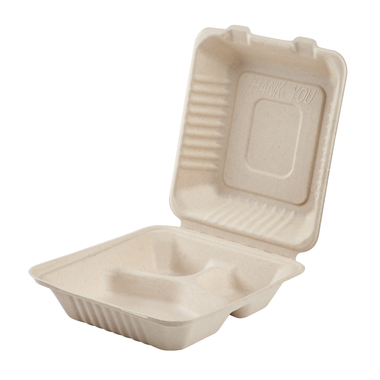 Eco friendly 8x8 bagasse takeout containers by Karat Earth 3 compartment PFAS free hinged clamshell food packaging for restaurants