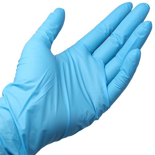 Blue nitrile powder free disposable gloves by Karat medium size used for food preparation cleaning and commercial kitchen tasks
