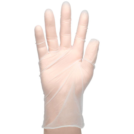 Clear vinyl powder free disposable gloves by Karat size large used for food preparation cleaning and janitorial tasks in restaurants and commercial kitchens