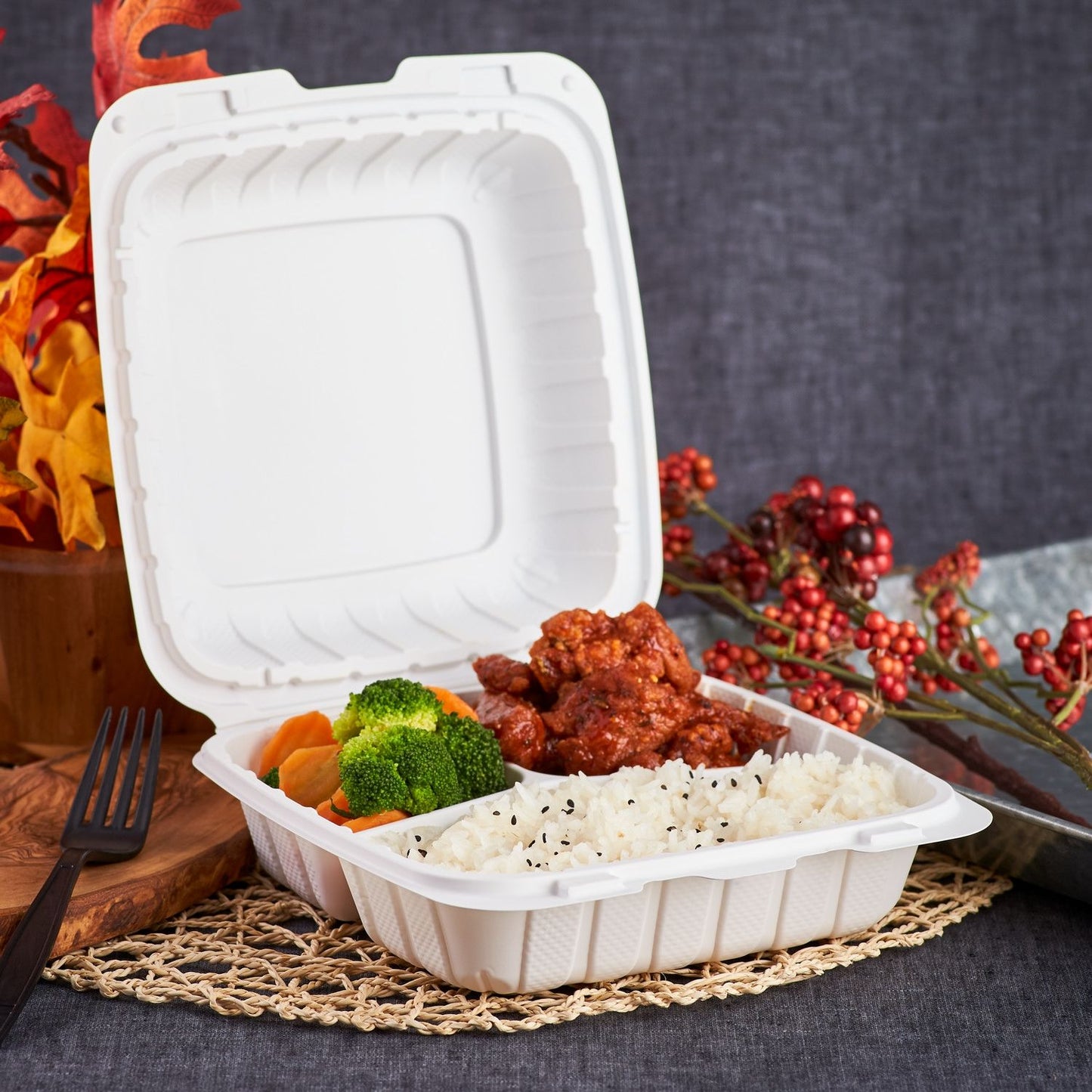 Large White 3 Compartment Food Containers - 8"x8" Mineral Filled Hinged Takeout Boxes - Karat Earth 200 ct-Karat