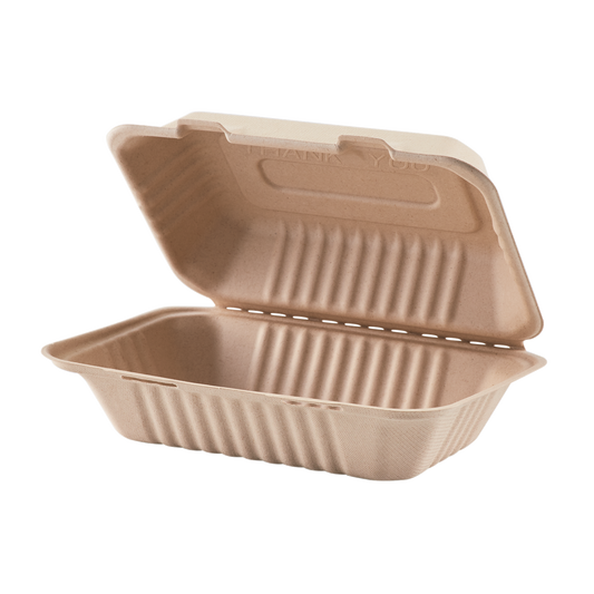 Medium Biodegradable Takeout Boxes - Karat Earth 9''x6'' Bagasse Hinged Containers - 200 ct-Karat
