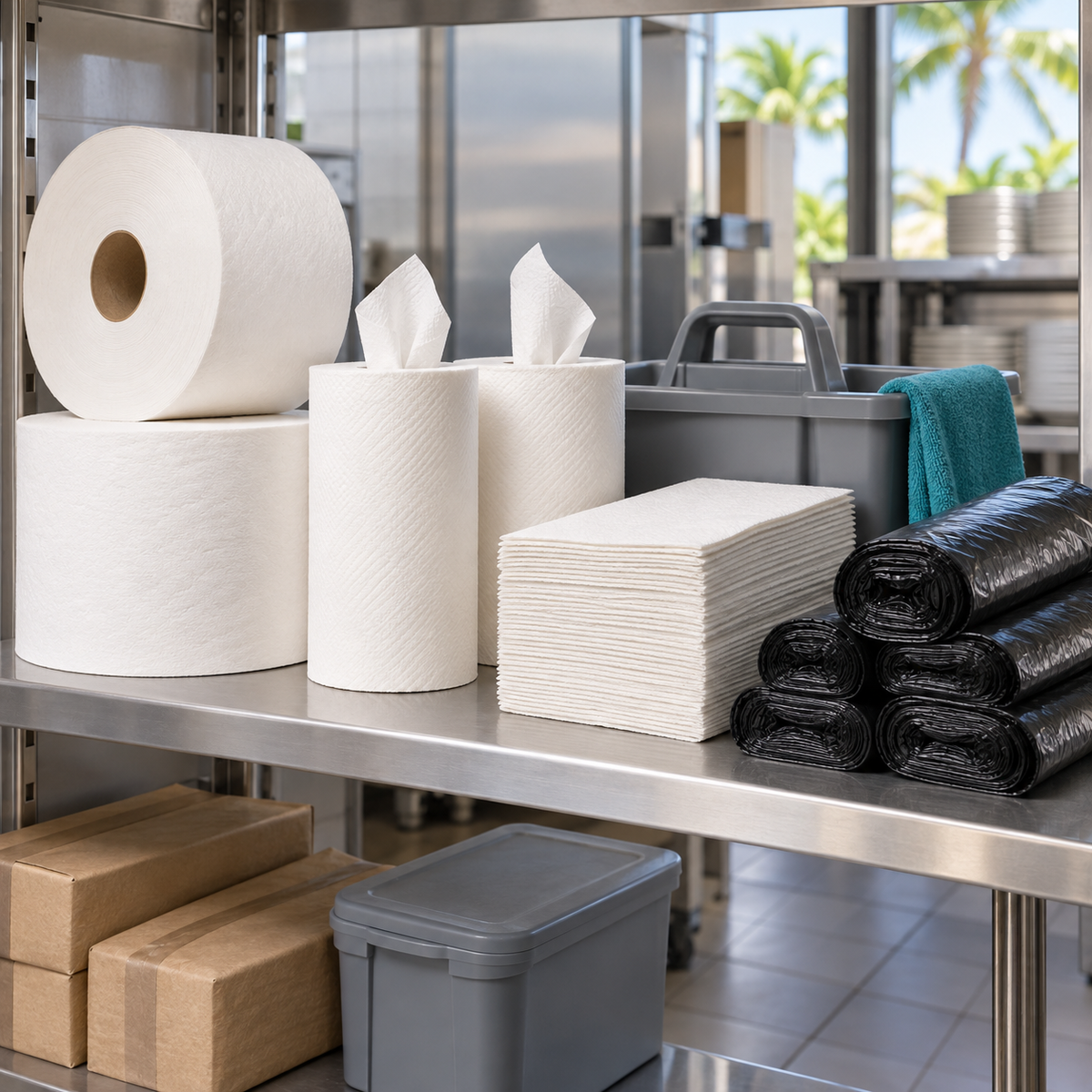 Commercial paper towels, bath tissue and can liners on a clean restaurant supply shelf
