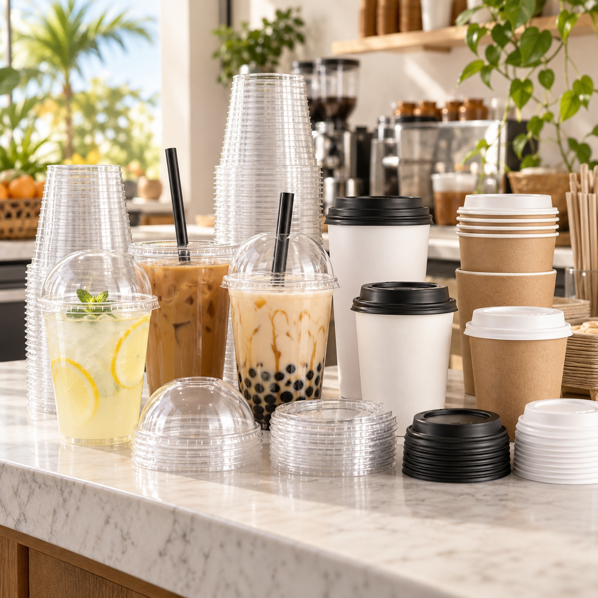 Commercial hot cups, cold cups and compatible lids for restaurant beverage service