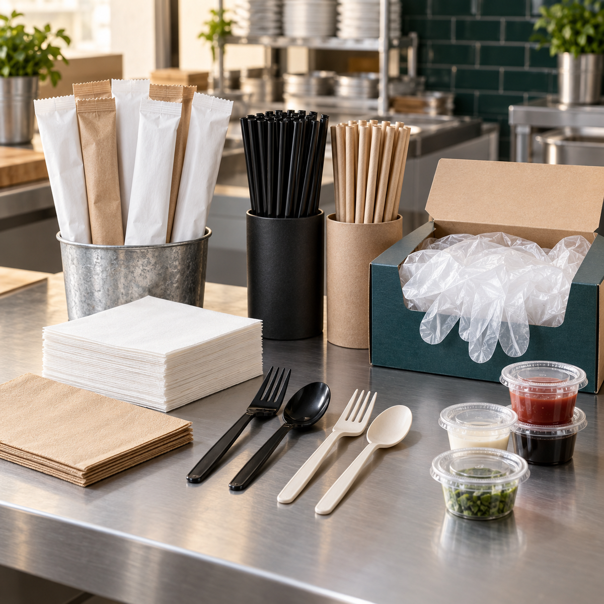 Napkins, disposable utensils, straws and kraft takeout bags for food service