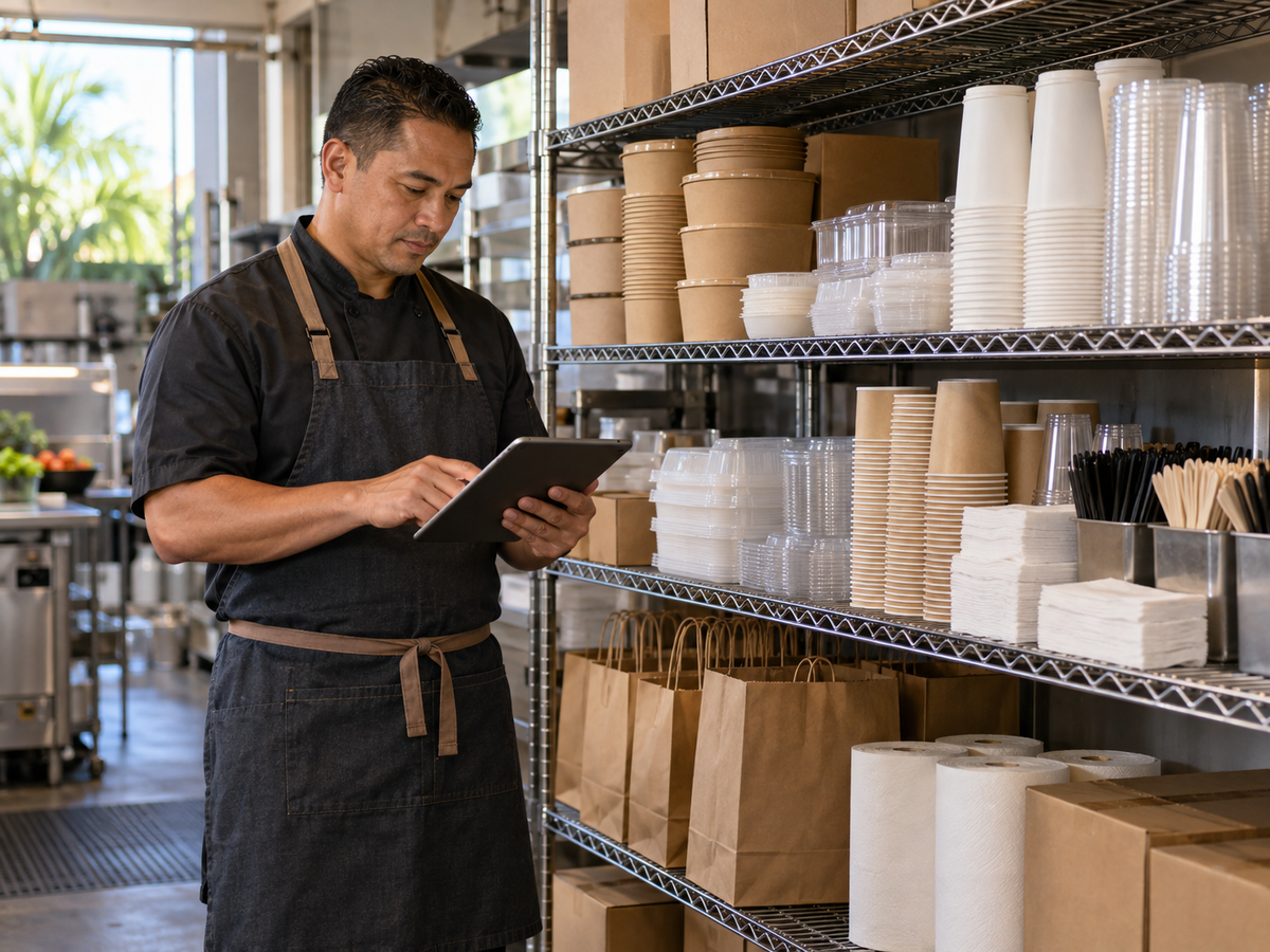 Hawaii restaurant manager checking stocked cups, takeout containers and disposables