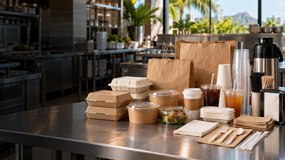 Restaurant Supply Hawaii takeout containers, cups, lids and disposables on a commercial prep counter