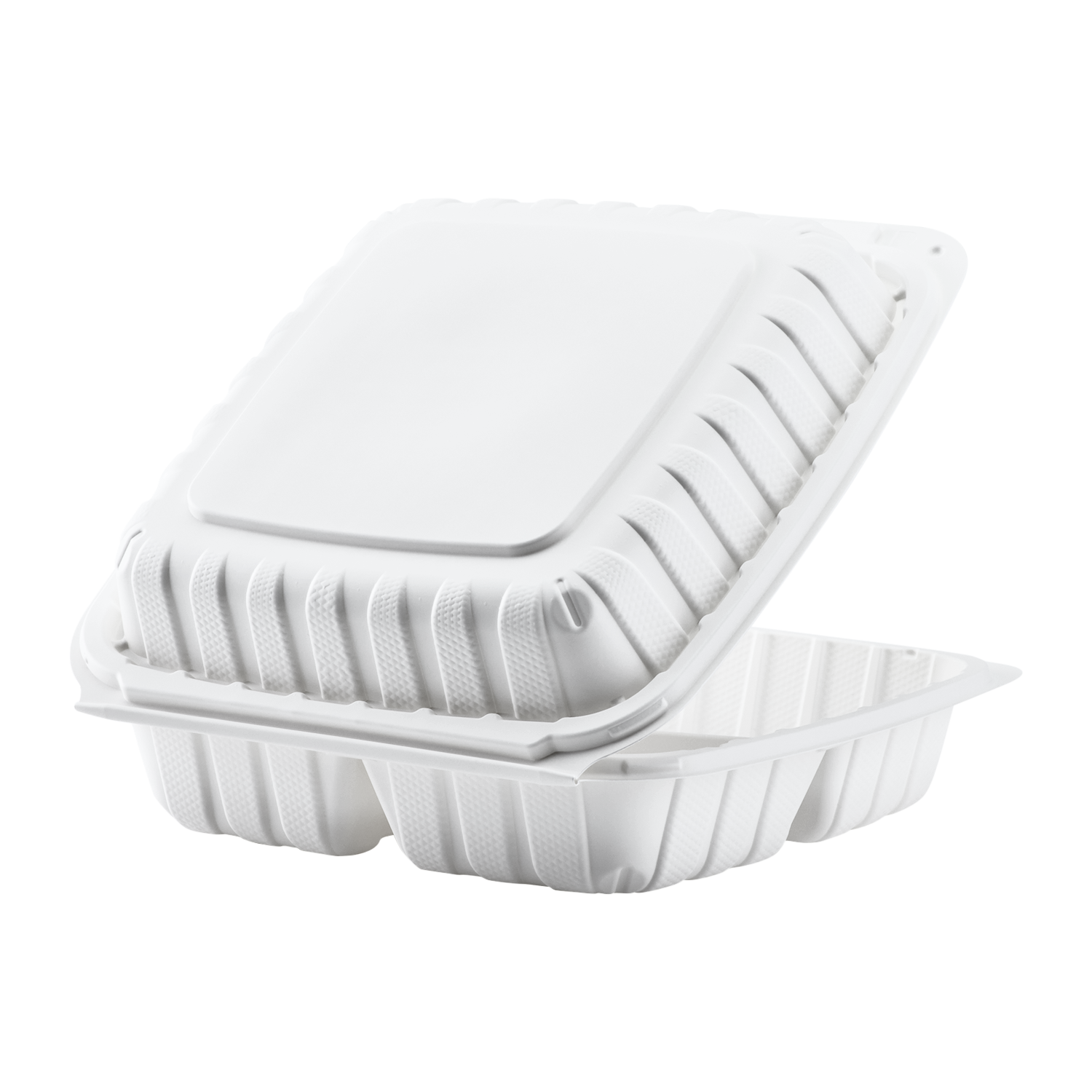 Jumbo White 3 Compartment Carry Out Boxes - 9"x9" Mineral Filled Hinged Food Containers - Karat Earth 120 ct-Karat