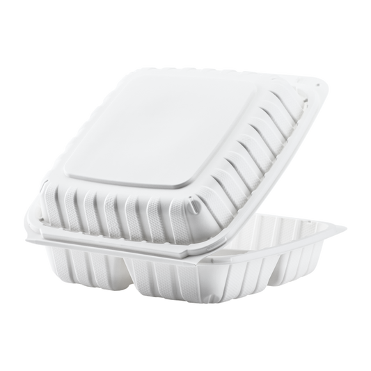 Jumbo White 3 Compartment Carry Out Boxes - 9"x9" Mineral Filled Hinged Food Containers - Karat Earth 120 ct-Karat